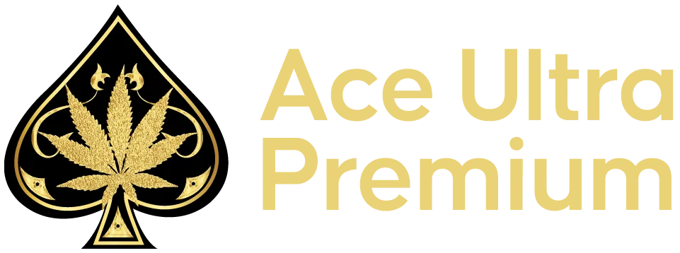 Ace Ultra Premium logo — gold spade outline enclosing a gold cannabis leaf, beside the Ace Ultra Premium wordmark
